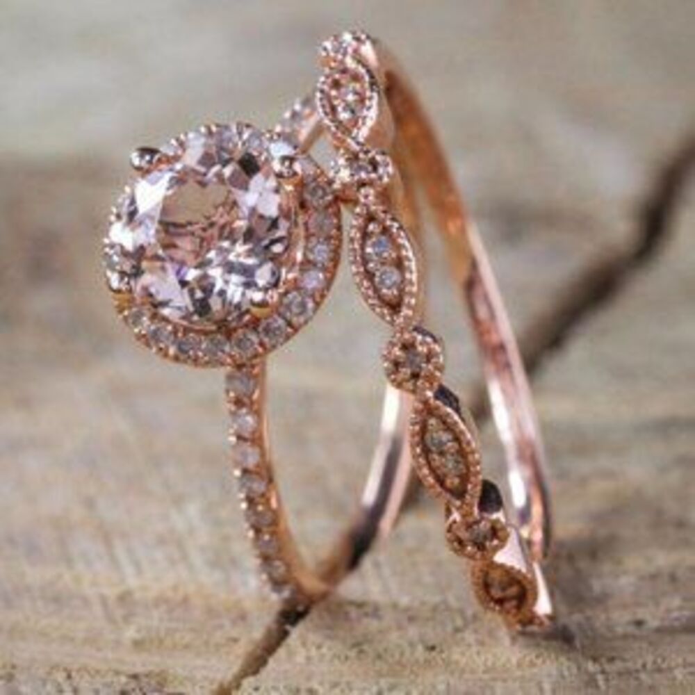 NEW 18K Rose Gold Pink&White Diamond 2P Ring Set